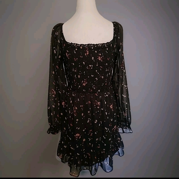 As U Wish Black Floral Print Cottage Core Boho Ruffle Hem Smock Dress Sz L EUC - Picture 2 of 9
